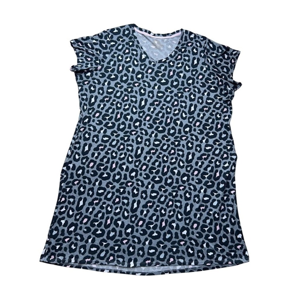 JoySpun Womens Leopard Print Sleep Dress Grey Pink V-Neck Nightgown Pockets 3X